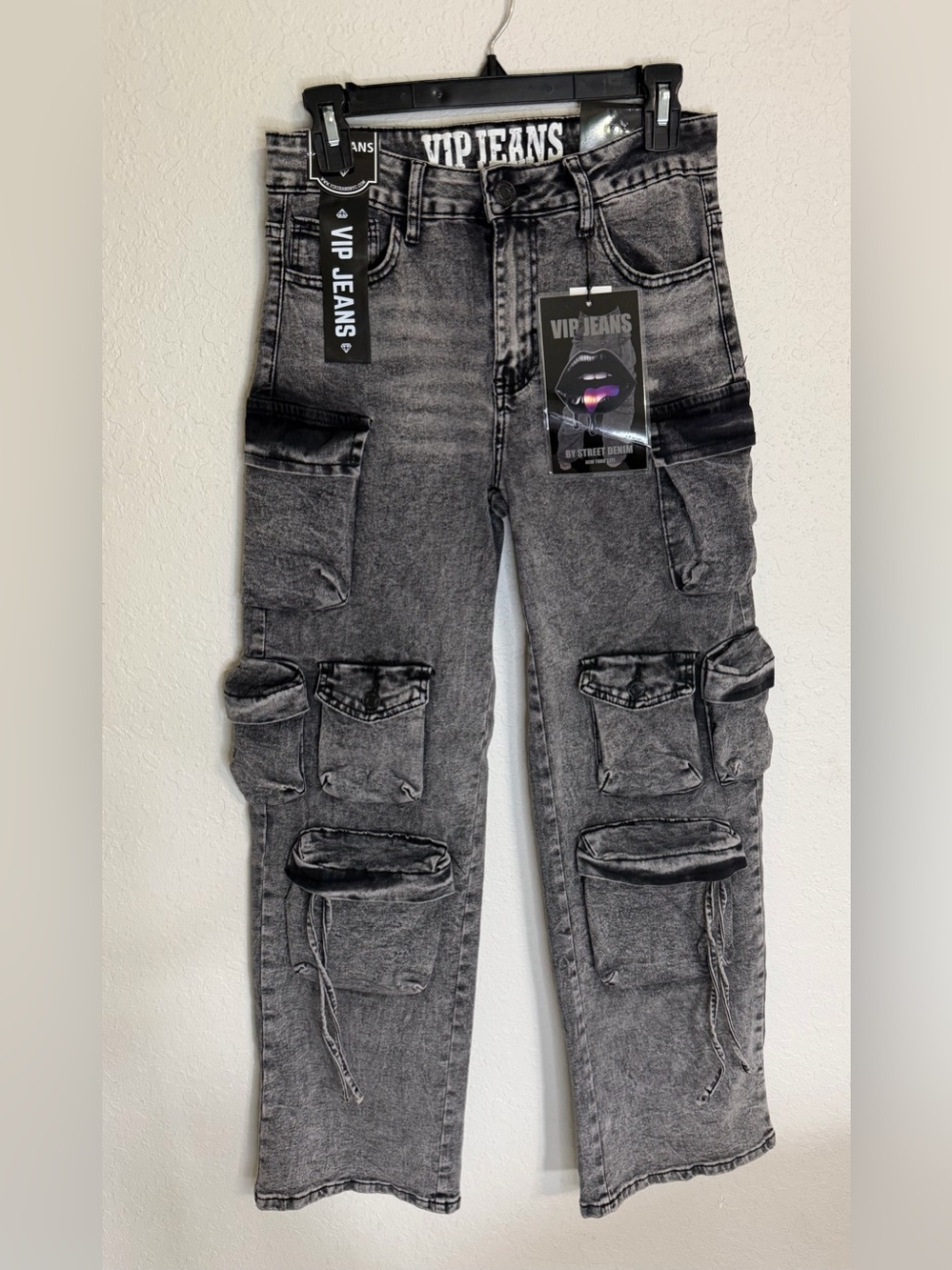 VIP Woman’s Jeans Baggy Cargo Pants 9/29 Grey Acid Wash Streetwear  Wide Leg